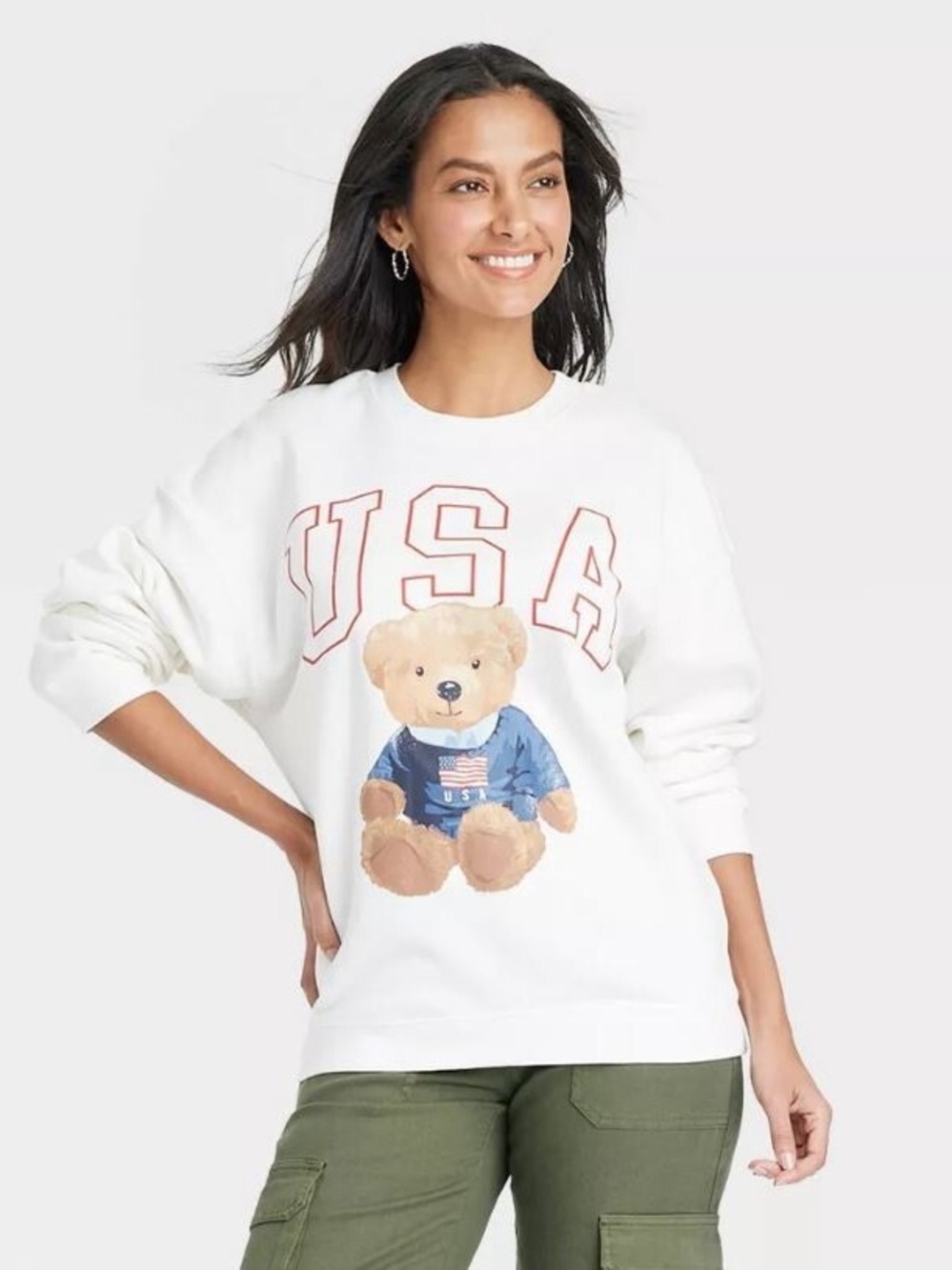 Grayson Threads Patriotic USA Teddy Bear White Crewneck Sweatshirt